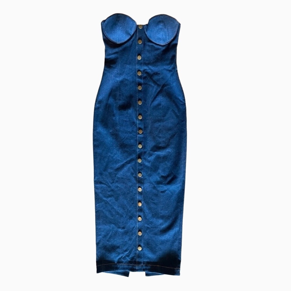 Sau Lee Lexi Strapless Denim Corset Midi Dress Dark Wash NWT US 2 - Picture 3 of 11